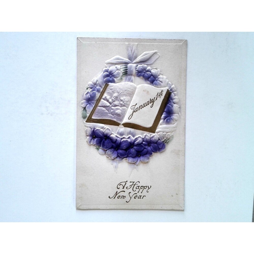 Vintage Embossed New Year Postcard January 1st Wreath Made in Austria Fabric